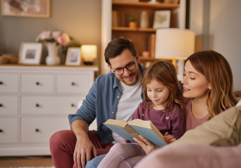 Krogman & Company - About Us - Mother and Father sitting on couch reading a story to their daughter